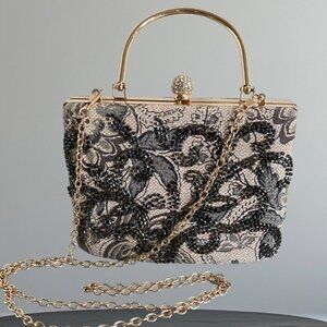 Beaded Floral Neutral Structured Formal Handbag​​​​​​​